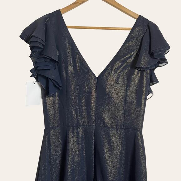 Dessy Collection 2874LS Midnight Gold Shimmer V Neck Wrap Maxi Dress Size 8 New - Picture 5 of 7